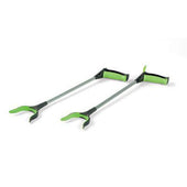 Pair of RevoReach GripLock reachers with green handles and rotating jaws on white surface, top view.