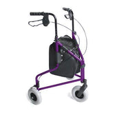 Purple aluminium tri-wheel walker with handlebars, visible brake cables, black bag and grey wheels, front angle view.