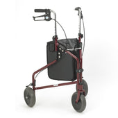 Red tri-wheel walker with black handles, adjustable height frame and attached black storage bag, front view.