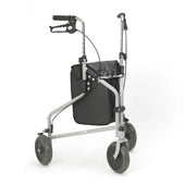 Red Days tri-wheel walker with adjustable handles, steel frame, storage bag and hand brakes on white background, angled front view.