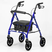 Blue four wheeled rollator with padded seat, handlebars, folding frame and storage pouch, front angle view.