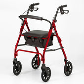 Red Days 100 Series lightweight rollator with four wheels, adjustable handles, padded seat, storage pouch and hand brakes, side view.