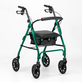 Days 100 Series lightweight green rollator with four wheels, hand brakes, adjustable handles, padded seat and storage bag, front view.