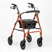 Green four-wheeled rollator with adjustable handles, padded seat, backrest and under-seat storage pouch, front angle view.
