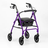 Purple rollator with four wheels, height-adjustable handles, padded seat, backrest and black storage pouch, front angle view.