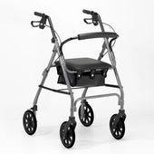 Green Days 100 Series lightweight rollator with four wheels, adjustable handles, padded seat, pouch and hand brakes, front view.