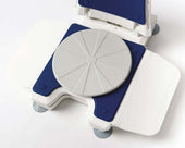 White and blue bathlift swivel and transfer seat with grey turntable, for moving users between surfaces, side view.