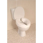 Novelle Clip-On Raised Toilet Seat, 3 inch high with open front, fitted on white toilet in tiled bathroom, front view.