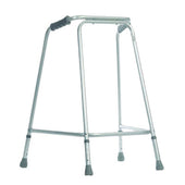 Aluminium walking frame with four rubber-tipped legs, black hand grips and height adjustment, front view.