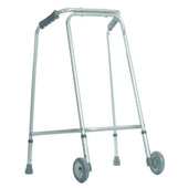Aluminium walking frame with wheels, height adjustable legs and rubber hand grips, lightweight design, front view.
