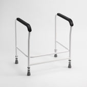 Toilet frame with black armrests and rubber-tipped legs for support, front view.