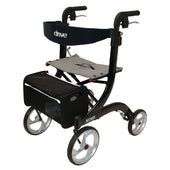 Black Drive Nitro rollator with lightweight aluminium frame, seat, storage pouch, and hand brakes, front view.