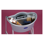 Buckingham Caddy plastic tray for personal items and towel, pink base with metal legs, angled view.