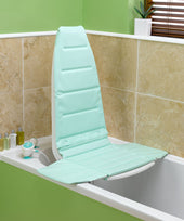 Mountway cushioned cover set for Neptune bath lift with remote control and space for toiletries on bath edge, front view.