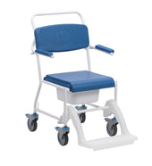 Drive Uppingham mobile commode shower chair with wheels, padded armrests, footrest and removable seat, side view.