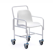 Drive Hallaton mobile shower chair with armrests, push handle, and four braked castors, front view.
