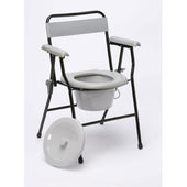 Lightweight folding commode with metal frame, armrests, and removable grey bucket with lid, front angle view.