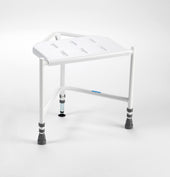 Drive Bringhurst corner shower stool, three metal legs with non-slip rubber feet and drainage holes, plain background, angled view.