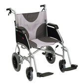 Lightweight aluminium transit wheelchair with large rear wheels, footrests, and grey and black frame, side view.