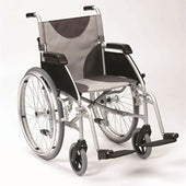 Ultra lightweight aluminium self propel wheelchair with large rear wheels and black armrests, white background, side view.