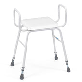 Perching stool with padded foam seat, black steel arms and four sturdy legs, front view.