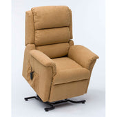 Gold fabric Restwell Nevada Petite Dual Motor Riser Recliner with padded arms, plain white background, front view.