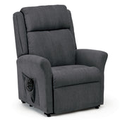 Charcoal Restwell Memphis dual motor riser recliner chair with high back, padded seat and side pocket holding remote, front angle view.