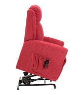 Restwell Memphis dual motor riser recliner chair in biscuit with remote for adjustable recline, side view.