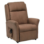 Biscuit-coloured dual motor riser recliner chair with padded arms, high back, and remote control in side pocket, front angle view.