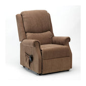 Restwell Indiana single motor electric riser recliner chair in biscuit with remote in side pocket, upright position, front view.