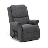Charcoal fabric single motor recliner chair with padded armrests and remote side pocket, front angle view.