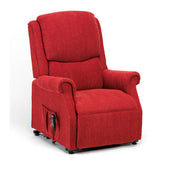 Charcoal Restwell Indiana single motor riser recliner chair with remote control pocket, white background, front view.