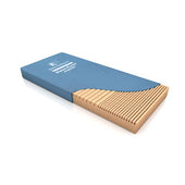 Dynaform Jupiter Mattress with blue cover partly peeled back to show beige castellated foam layers, angled side view.