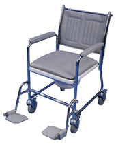 Aidapt Linton mobile commode with wheels, padded seat, backrest, armrests and detachable footrests, front view.