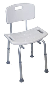 White shower chair with backrest, side handles and adjustable legs, front angle view.