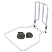 White metal adjustable bed rail with two grey straps on the base for stability, side view.