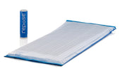Repose Mattress Overlay with pump and blue storage tube on white background, product front view.