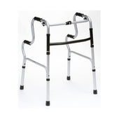 Lightweight silver folding walker with black tips, height adjustable frame, shown in front view.