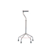 Adjustable wide base walking stick with four rubber feet and contoured handle, side view.