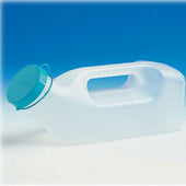 Male urine bottle with handle and blue cap on a white surface, blue background, side view.