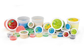 Blue firm Rolyan therapy putty in different sized containers on a white background, front view.