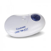 White oval Homecraft One Touch can opener with large blue button on top right and brand logo on front, front view.