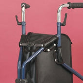 Three wheeled walker bag with easy-open feature and handles, pink background, close-up.