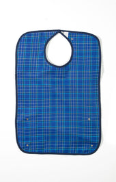 Red polycotton bib with neck hole and snap fastenings, shown flat on a white background, top view.