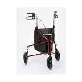 Red Drive Flame ultralight aluminium triwalker with hand brakes and black pouch, plain white background, front angle.
