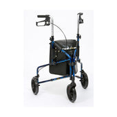 Red aluminium triwalker with three wheels, hand brakes and black front storage bag, front view.