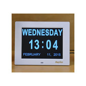 Dayclox 8 inch digital day clock displaying Wednesday, 13:04, February 11, 2015 on screen, front view.