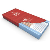 Rectangular red and blue static air mattress, top angle view.