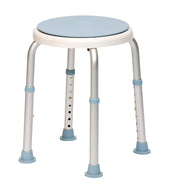 Shower stool with blue rotating seat, adjustable silver legs, and blue rubber feet, front angle view.