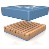 Dyna-Pad Superior Cushion above a brown foam mattress with grid pattern on white background, angled view.